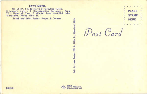 Fays Motel (Grayling Extended Stay) - Vintage Postcard Back
